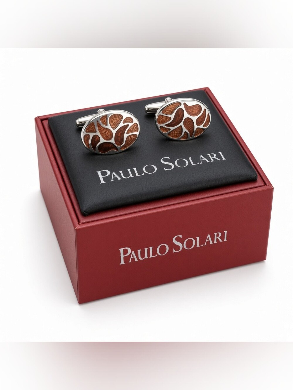 Paulo Solari Brown Swirl Paisley Oval Silver Tone Cufflinks